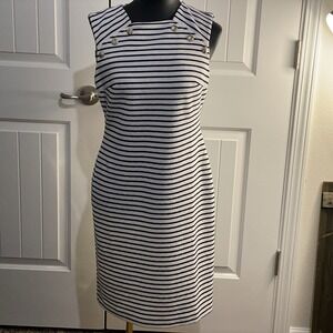 Tommy Hilfiger Size 8 White Blue  Striped Logo Buttons Sleeveless Dress Nautical